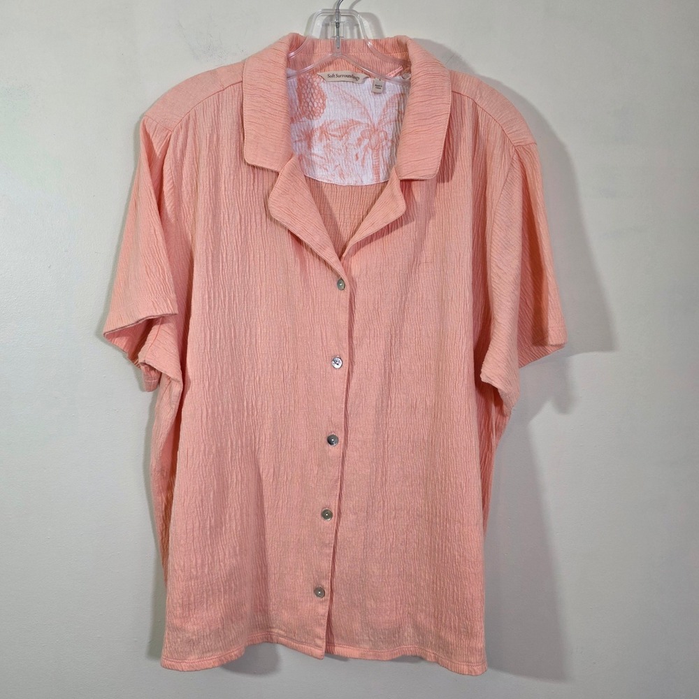 Soft Surroundings Women Shirt Peach Crinkle Cotton Blend Button Up Large Coastal